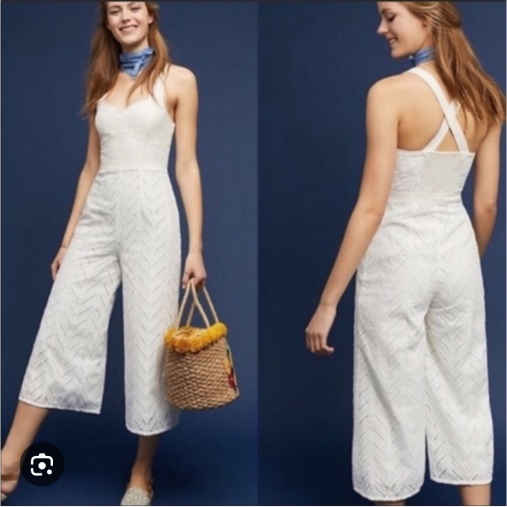 Anthropologie Ivory Eyelet Crop Jumpsuit